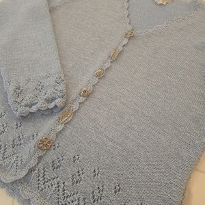 VTG Crochet V-Neck Blue Cardigan Decorative Button Down Sweater Womens Medium